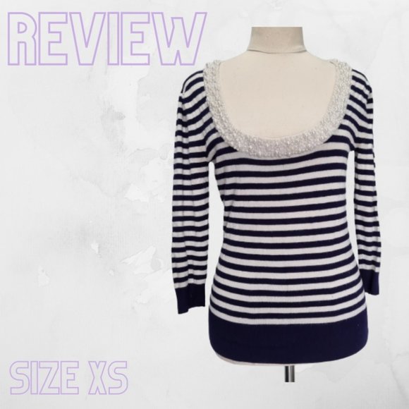 Review Sweaters - Review Blue & White Stripe Beaded Scoop Neck 3/4 Sleeve Jumper Size XS